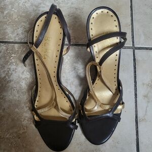 BCBG Black and Gold Strappy Wedge Sandals